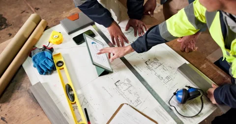 Architect, team or hands with tablet screen for construction planning or Stock Footage 338049181
