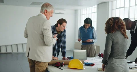 Architect, team or planning in office with blueprint, project scope or Stock Footage 341376687