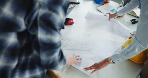 Architect, teamwork and hands with blueprint in office, group and tablet with Stock Footage 341419402