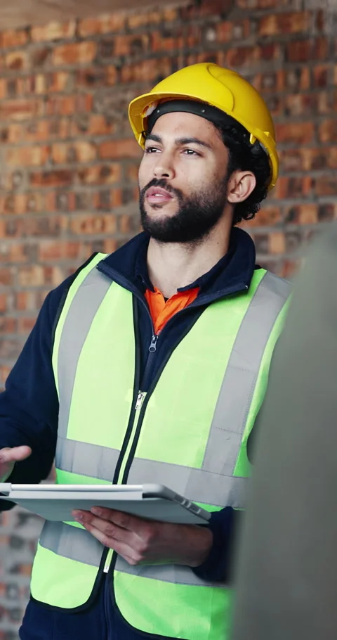 Architect, teamwork and man with tablet, building site and planning for property Stock Footage 337027777