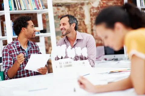Architect, teamwork and men with 3D model in office, brainstorming and real esta Stock Photos