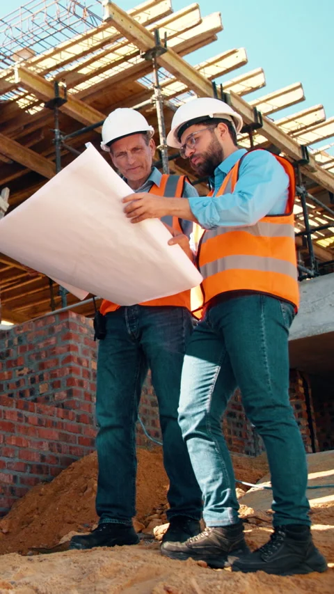 Architect, teamwork and men with blueprint, outdoor and planning for property Stock Footage 336200041