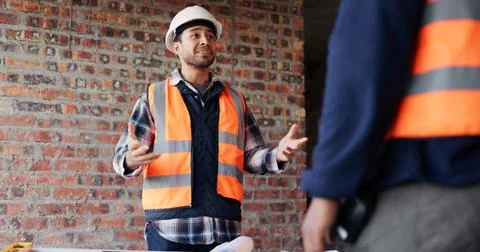 Architect, teamwork and men with ideas in construction site, talk and plan for Stock Photos
