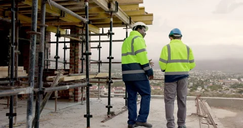 Architect, teamwork and men with tablet on construction site, discussion and Stock Footage 337634561