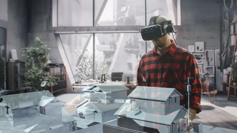Architect Testing Virtual Reality Interface With Detailed Building Models Stock Footage 284955141