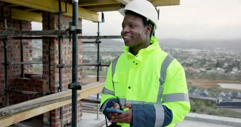 Architect, thinking and happy man with phone on construction site, outdoor and Stock Footage 337630431