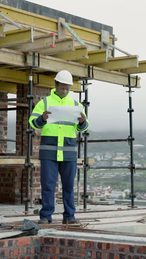 Architect, thinking and man with blueprint on roof, inspection and planning for Stock Footage 337996190