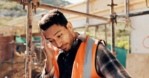 Architect, thinking and man with headache, outdoor and stress for project Stock Photos