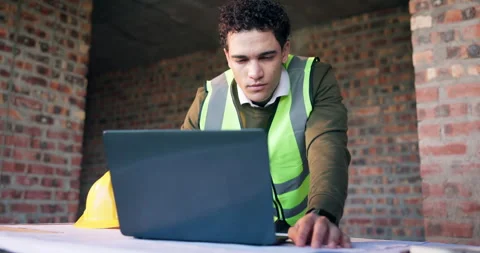 Architect, thinking and man with laptop on construction site, info and plan for Stock Footage 337037013