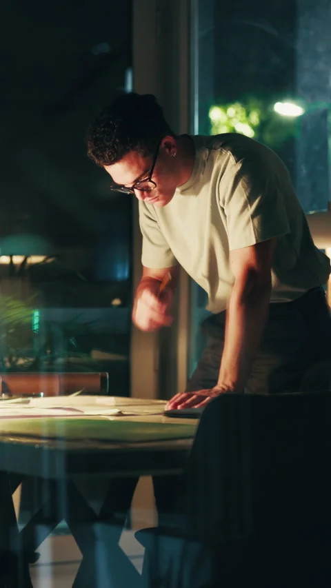 Architect, thinking and man with paperwork at night, sketch and drafting layout Stock-Footage 343502740