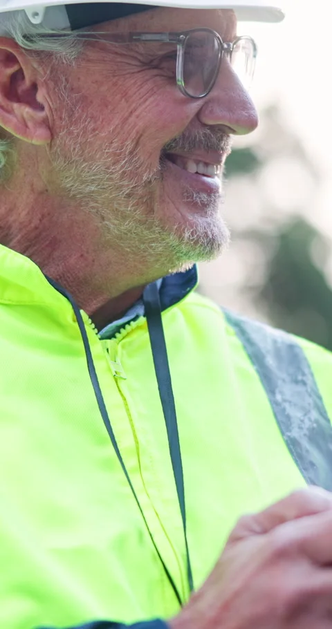 Architect, thinking and man with smile, outdoor and typing research for Stock Footage 341078822