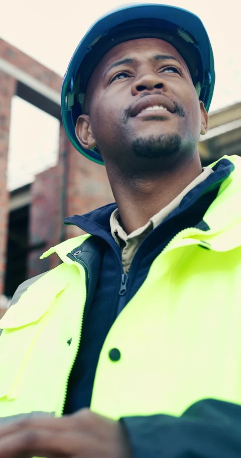 Architect, thinking and man with tablet at construction site, smile and planning Stock Footage 337037599