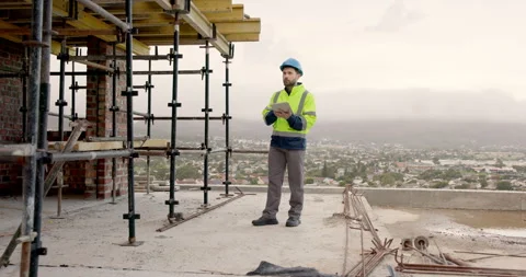 Architect, thinking and man with tablet on building site, info and planning for Stock Footage 337630374