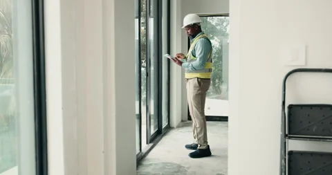 Architect, thinking and man with tablet in house, quality control and property Stock Footage 337762886