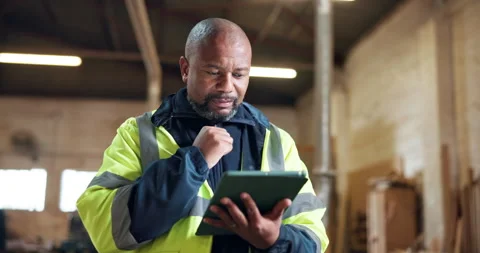 Architect, thinking and man with tablet on building site, research or planning Vídeos de archivo 337987262