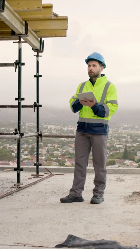 Architect, thinking and man with tablet in city, search or planning for property Video stock 338009970