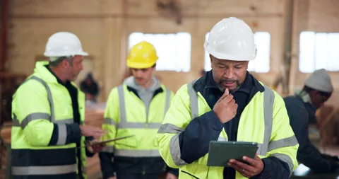 Architect, thinking and man with tablet on construction site, research or plan Video stock 338050790