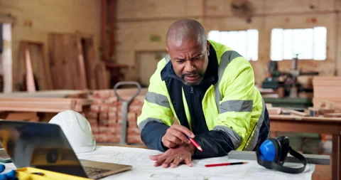Architect, thinking or black man with blueprint for construction development or Stock Footage 338101098