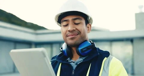 Architect, thinking or happy man with tablet for construction inspection or Stock Footage 345643352