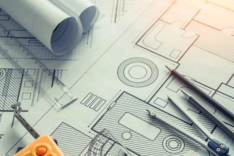 Architect tools with blue prints. Stock Photos