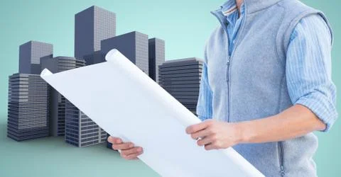 Architect Torso holding plan against building icons Fotos de archivo