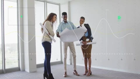 Architect unfolding plan and pointing, team leaning in as wavy lines, dotted Stock Footage 333154269