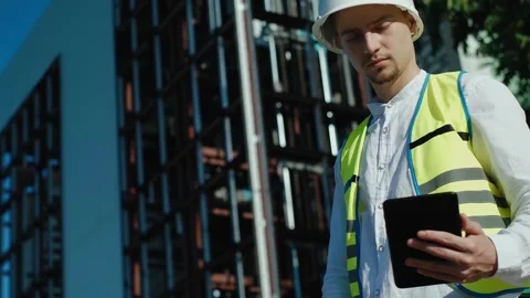 An architect uses a construction application on a digital tablet at a constructi Video stock 249262972