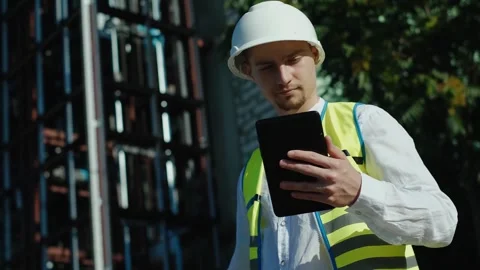 An architect uses a construction application on a digital tablet at a constructi Vídeo Stock 249262985