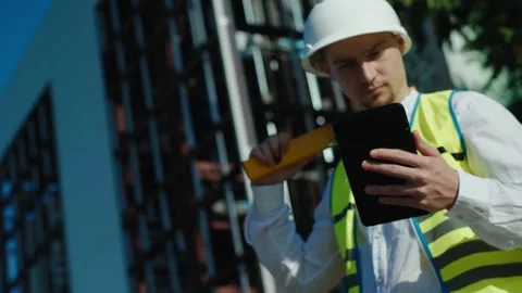An architect uses a construction application on a digital tablet at a constructi Stockbeeldmateriaal 249262996