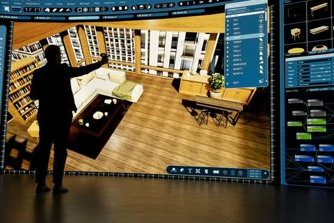 Architect uses virtual reality to design penthouse luxury room in CAD program Stock Photos