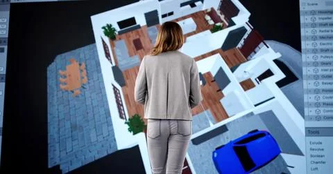 Architect Using 3D Software Analyzing House Floor Plan Stock Photos