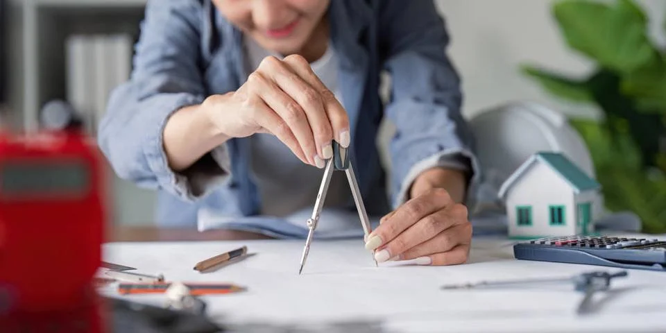 Architect Using a Compass for Precise Blueprint Design in Construction Pla... Stock Photos