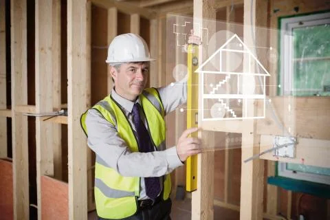 Architect using spirit level and looking at white hologram interface Illustrazione stock