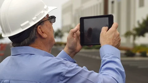 Architect using a tablet computer (iPad) to take photos of a job site Stock Footage 121381998