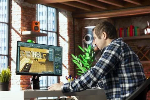 Architect using virtual home interior design software to help visualize changes Foto stock