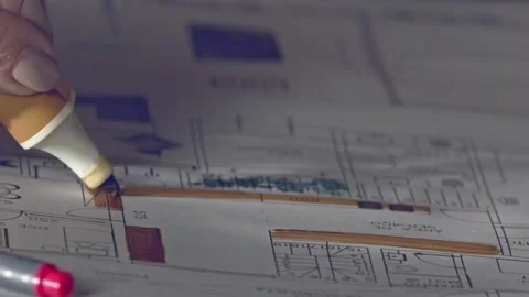 Architect using a yellow highlighter to add detail to the project Stock Footage 226336602