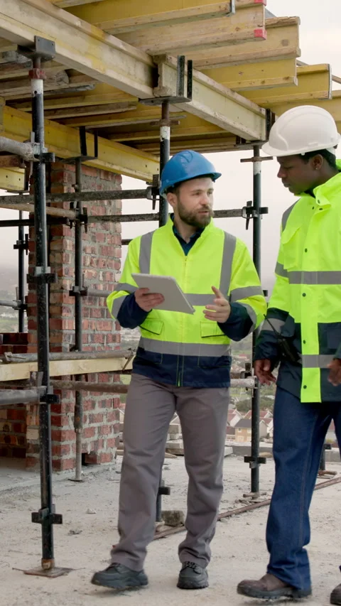 Architect, walking and men with tablet on site, talking and planning for Vídeos de archivo 338011726