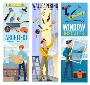 Architect, wallpapering, window installer banner Stock Illustration