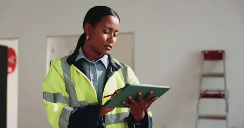 Architect, woman and thinking with tablet for construction, renovation or Stock Footage 341580202