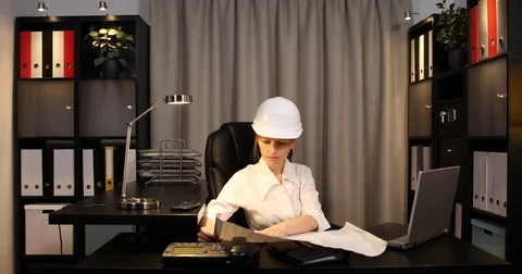 Architect Woman Examining Draft Map Indoor Office Engineer Analyzing Scheme Plan Stock Footage 72772772