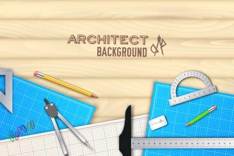 Architect wood table project with professional equipment background concept 스톡 일러스트