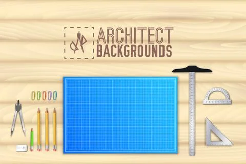 Architect wood table project with professional equipment background concept Stock Illustration