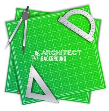 Architect wood table project with professional equipment background. Vector 스톡 일러스트