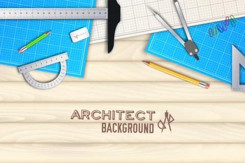 Architect wood table project with professional equipment background concept 스톡 일러스트