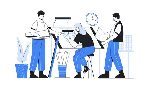 Architect work. Construction engineers working on residential building project Ilustración de archivo