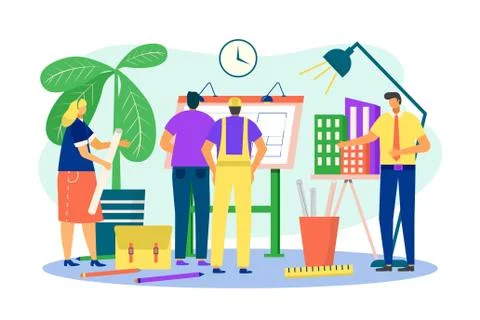 Architect work with engineer, engineering project design vector illustration Stock Illustration