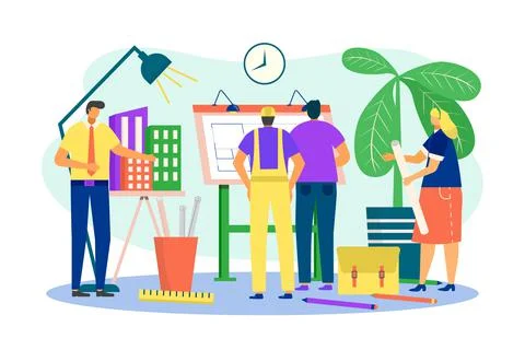 Architect work with engineer, engineering project design vector illustration Stock Illustration