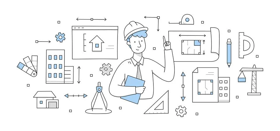 Architect worker holding blueprint, engineering Illustrazione stock