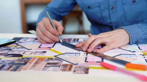 Architect working on blueprint with spesial tools and pencil, close up. Male Stock Footage 92052659