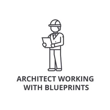 Architect working with blueprints vector line icon, sign, illustration on Stock Illustration